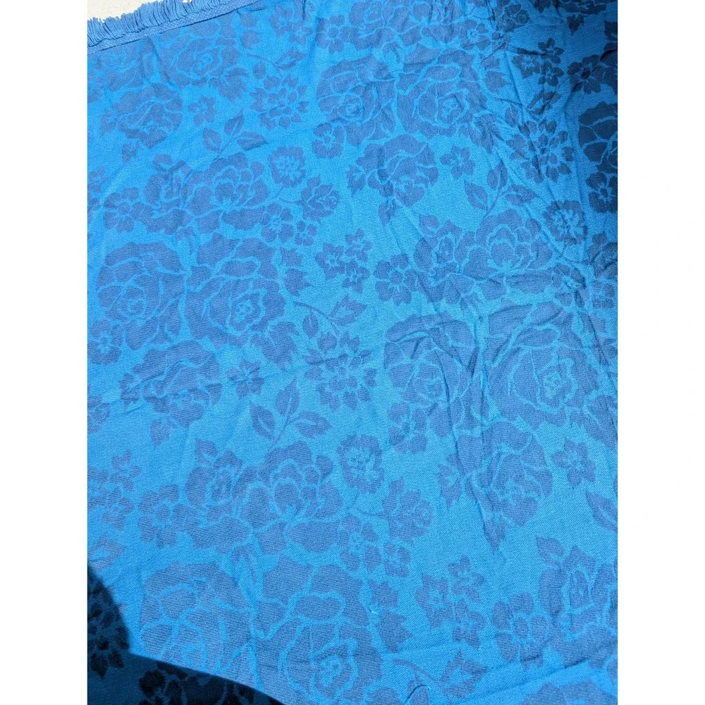 Vintage Royal Blue Rose Pattern Floral Fringed Blanket Bedspread Sofa Cover MCM